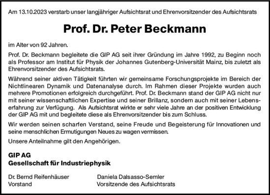 Traueranzeige von Peter Beckmann von Allgemeine Zeitung Mainz