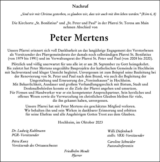 Traueranzeige von Peter Mertens von Hochheimer Zeitung