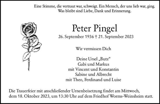 Traueranzeige von Peter Pingel von Wormser Zeitung
