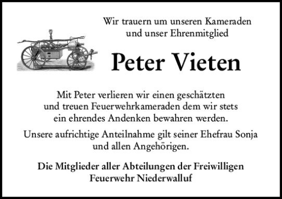 Traueranzeige von Peter Vieten von Wiesbadener Kurier