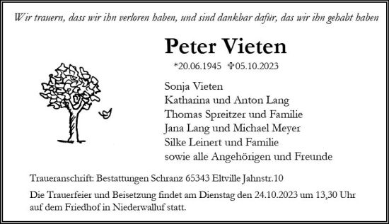 Traueranzeige von Peter Vieten von Wiesbadener Kurier