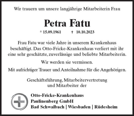 Traueranzeige von Petra Fatu von Wiesbadener Kurier