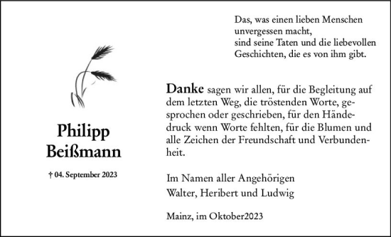 Traueranzeige von Philipp Beißmann von Allgemeine Zeitung Mainz