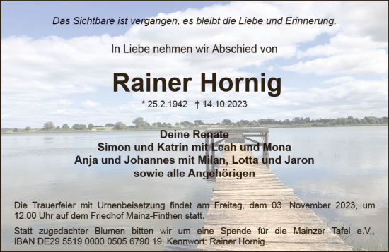 Traueranzeige von Rainer Hornig von Allgemeine Zeitung Mainz