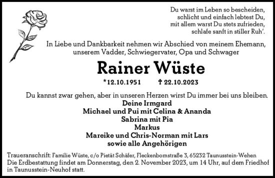 Traueranzeige von Rainer Wüste von Wiesbadener Kurier