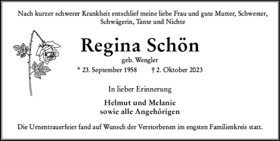 Traueranzeige von Regina Schön von Wiesbadener Kurier