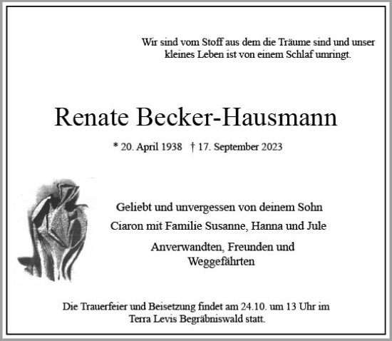 Traueranzeige von Renate Becker-Hausmann von Wiesbadener Kurier