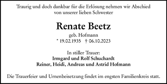 Traueranzeige von Renate Beetz von Wiesbadener Kurier