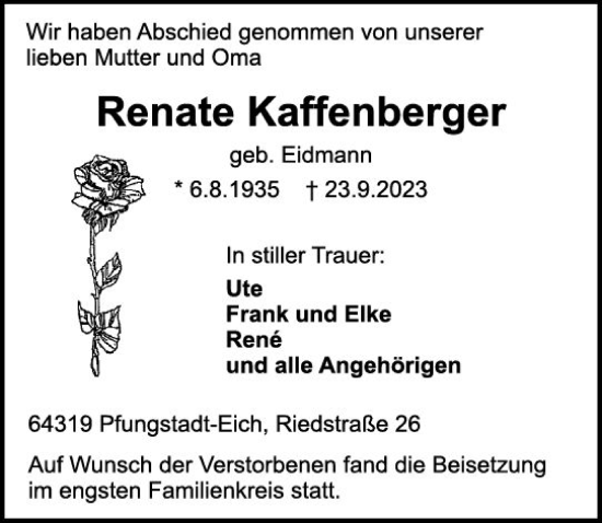 Traueranzeige von Renate Kaffenberger von Darmstädter Echo