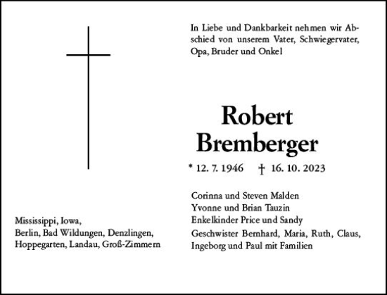 Traueranzeige von Robert Bremberger von Darmstädter Echo