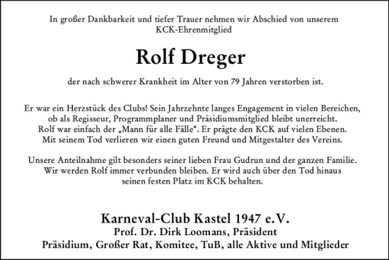 Traueranzeige von Rolf Dreger von Allgemeine Zeitung Mainz