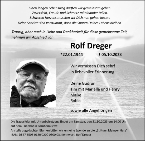 Traueranzeige von Rolf Dreger von Allgemeine Zeitung Mainz