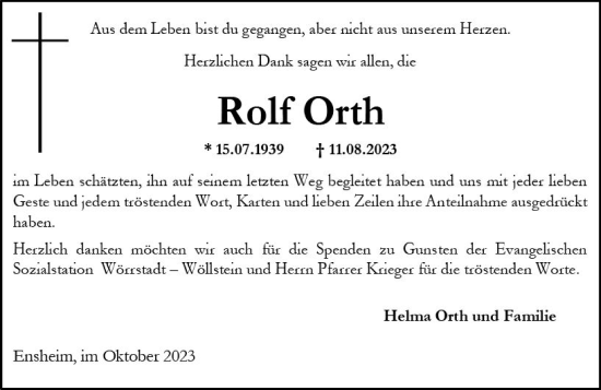 Traueranzeige von Rolf Orth von Allgemeine Zeitung Alzey
