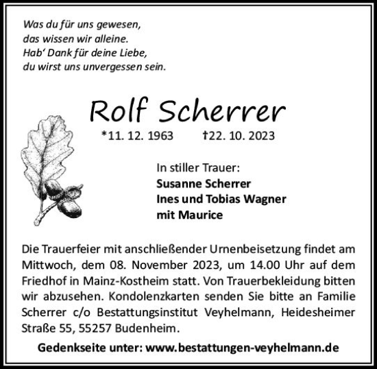Traueranzeige von Rolf Scherrer von Allgemeine Zeitung Mainz