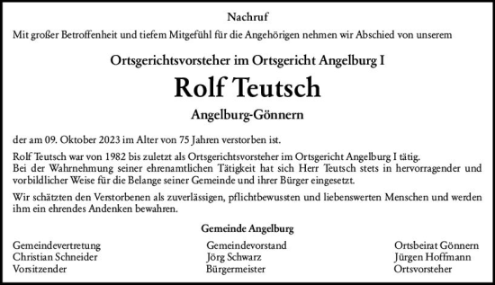 Traueranzeige von Rolf Teutsch von Hinterländer Anzeiger
