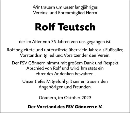 Traueranzeige von Rolf Teutsch von Hinterländer Anzeiger