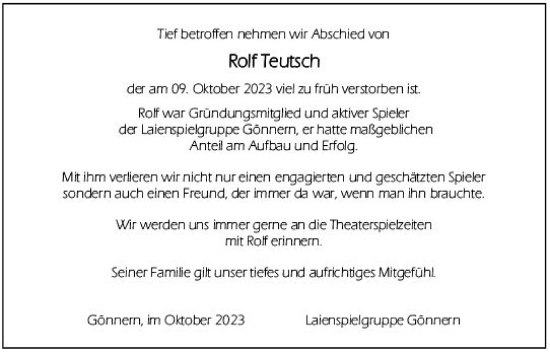 Traueranzeige von Rolf Teutsch von Hinterländer Anzeiger