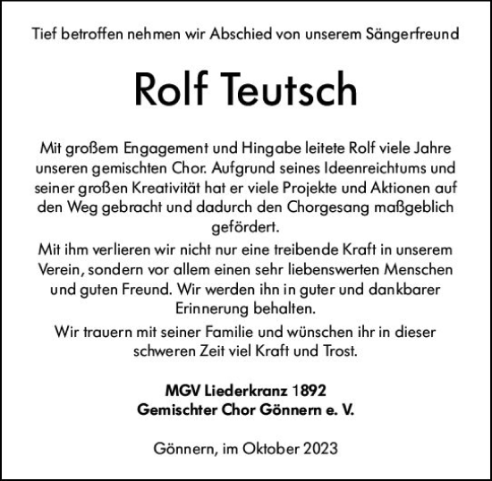 Traueranzeige von Rolf Teutsch von Hinterländer Anzeiger