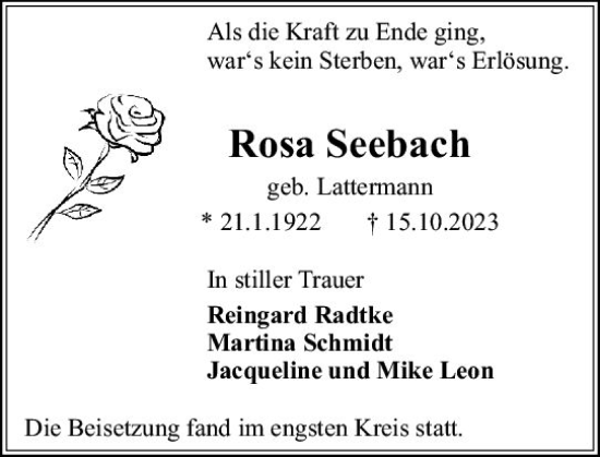 Traueranzeige von Rosa Seebach von Rüsselsheimer Echo