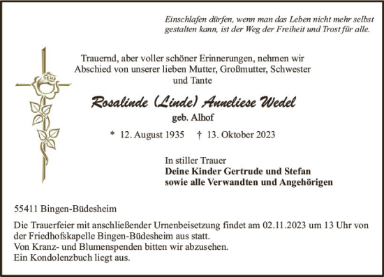 Traueranzeige von Rosalinde Anneliese Wedel von Allgemeine Zeitung Bingen/Ingelheim