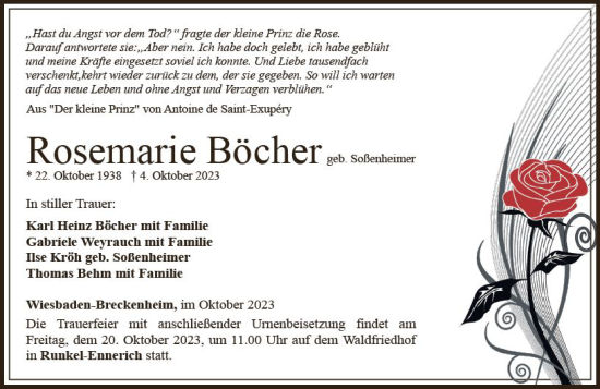 Traueranzeige von Rosemarie Böcher von Wiesbadener Kurier