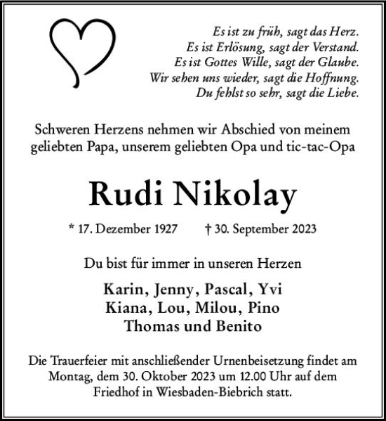 Traueranzeige von Rudi Nikolay von Wiesbadener Kurier