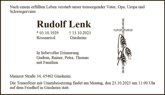 Traueranzeige von Rudolf Lenk von Allgemeine Zeitung Mainz