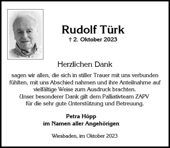 Traueranzeige von Rudolf Türk von Wiesbadener Kurier