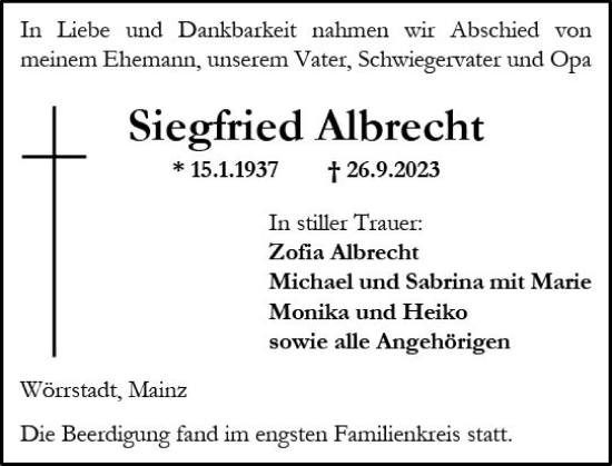 Traueranzeige von Siegfried Albrecht von Allgemeine Zeitung Alzey