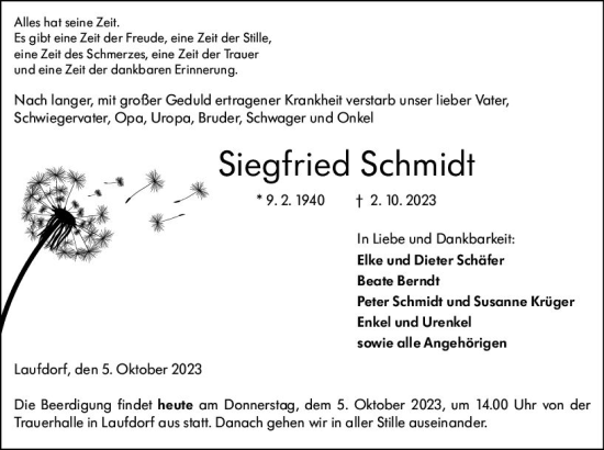 Traueranzeige von Siegfried Schmidt von Wetzlarer Neue Zeitung