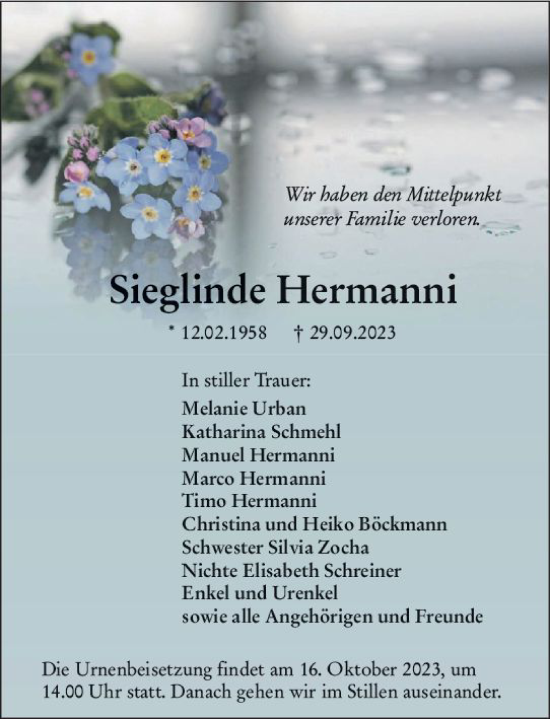 Traueranzeige von Sieglinde Hermanni von Dill Block