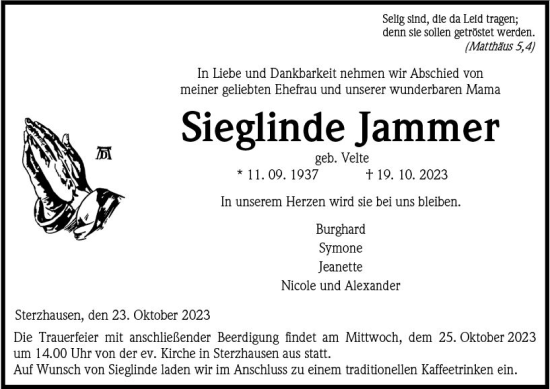 Traueranzeige von Sieglinde Jammer von Hinterländer Anzeiger