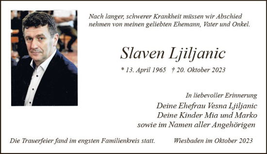 Traueranzeige von Slaven Ljiljanic von Wiesbadener Kurier