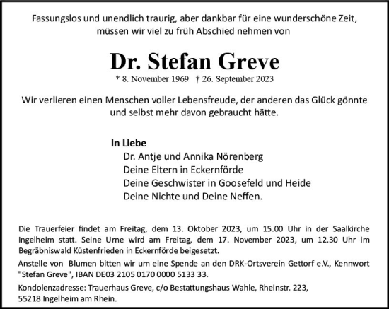 Traueranzeige von Stefan Greve von Allgemeine Zeitung Bingen/Ingelheim