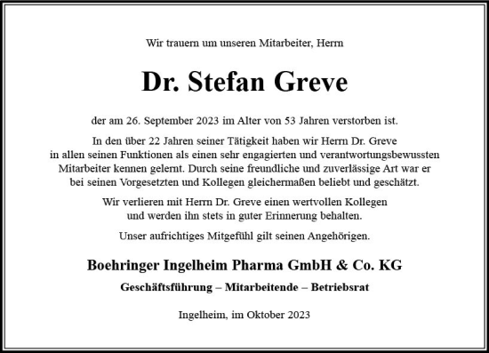 Traueranzeige von Stefan Greve von Allgemeine Zeitung Bingen/Ingelheim