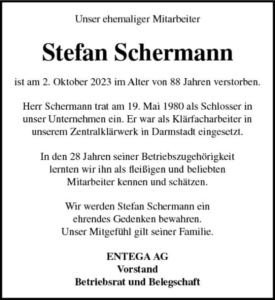 Traueranzeige von Stefan Schermann von Odenwälder Echo