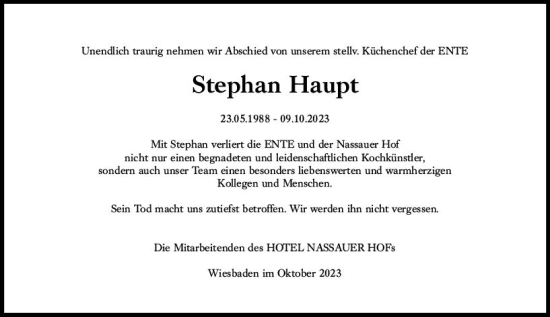 Traueranzeige von Stephan Haupt von Wiesbadener Kurier