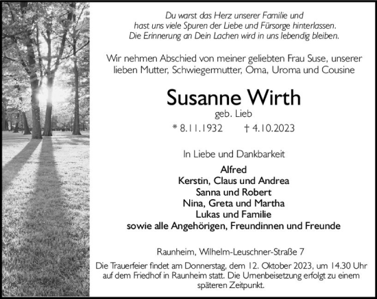 Traueranzeige von Susanne Wirth von Rüsselsheimer Echo