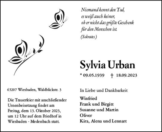 Traueranzeige von Sylvia Urban von Wiesbadener Kurier