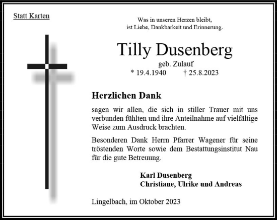 Traueranzeige von Tilly Dusenberg von Oberhessen Kurier