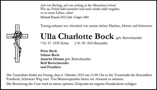 Traueranzeige von Ulla Charlotte Bock von Wetzlarer Neue Zeitung
