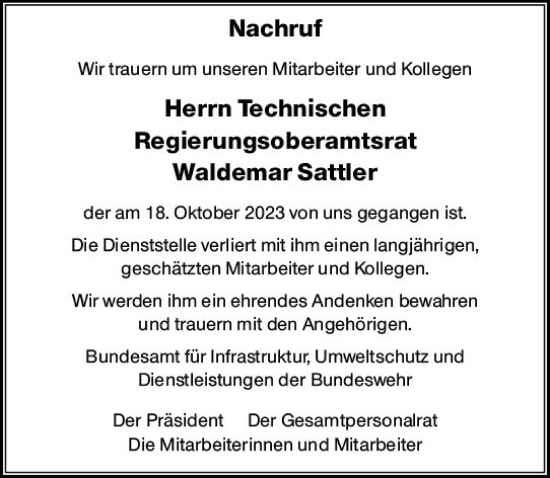 Traueranzeige von Waldemar Sattler von Wiesbadener Kurier