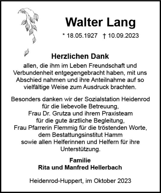 Traueranzeige von Walter Lang von Idsteiner Land/Untertaunus