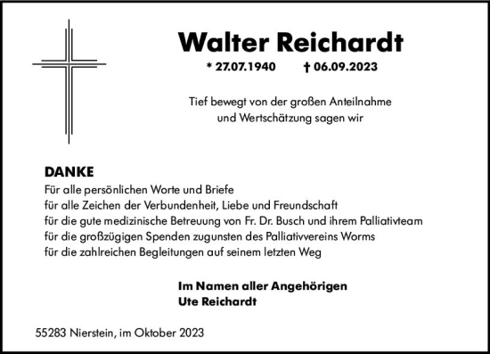 Traueranzeige von Walter Reichardt von Allgemeine Zeitung Mainz