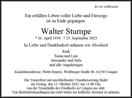 Traueranzeige von Walter Stumpe von Weilburger Tageblatt