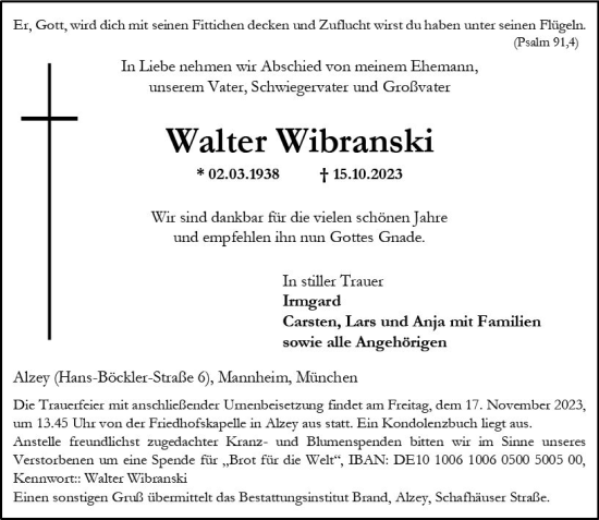 Traueranzeige von Walter Wibranski von Allgemeine Zeitung Alzey