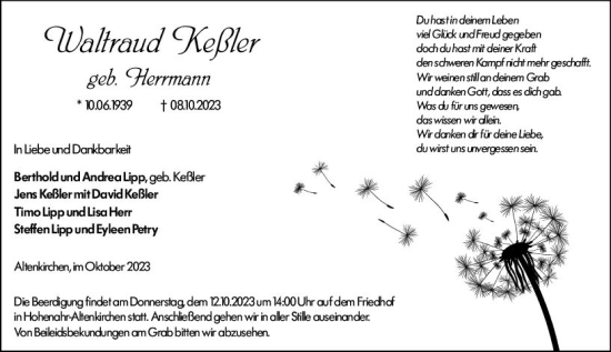 Traueranzeige von Waltraud Keßler von Dill Block