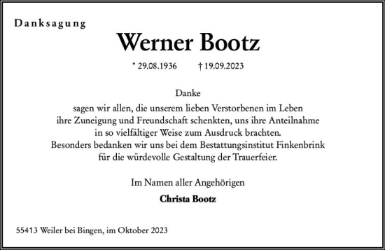 Traueranzeige von Werner Bootz von Allgemeine Zeitung Bingen/Ingelheim