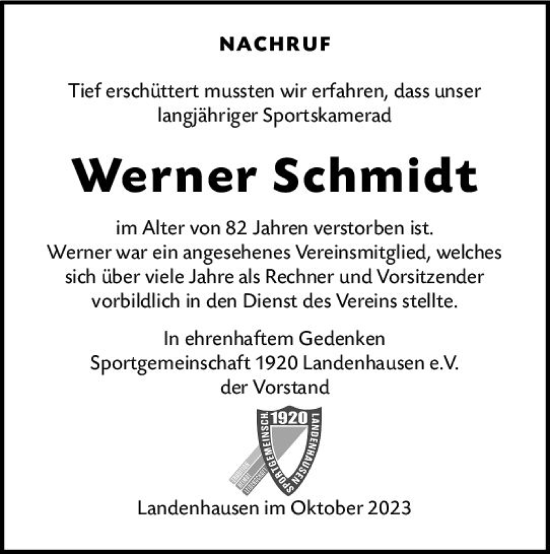 Traueranzeige von Werner Schmidt von VRM Trauer