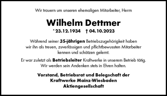 Traueranzeige von Wilhelm Dettmer von Allgemeine Zeitung Mainz